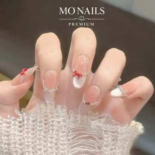 Nailbox Thiết Kế, Móng Úp, Móng Tay Giả Thạch Hồng Ombre Mắt Mèo Ánh Trăng Dây Bi Dễ Thương P24