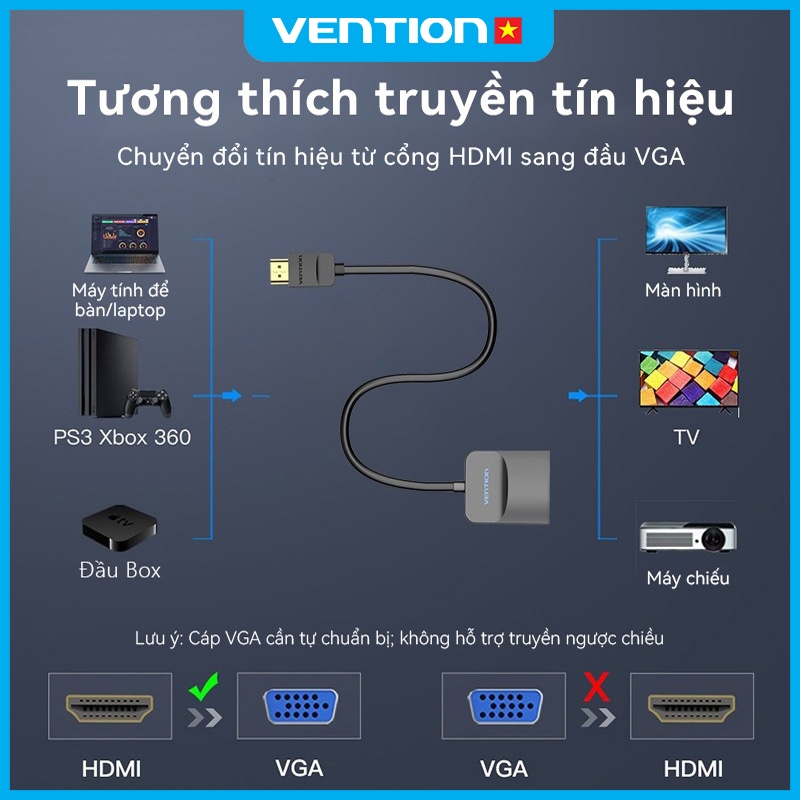Bộ Chuyển Đổi HDMI Sang VGA Vention 1080P@60Hz, Có Âm Thanh Kết Nối Máy Tính, TV, Máy Chiếu, Xbox