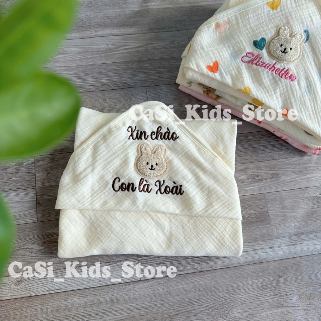 Ủ Thêu Tên Sơ Sinh Xô Muslin 6 Lớp Màu Be Kem, Êm Ái Cho Bé – CaSi