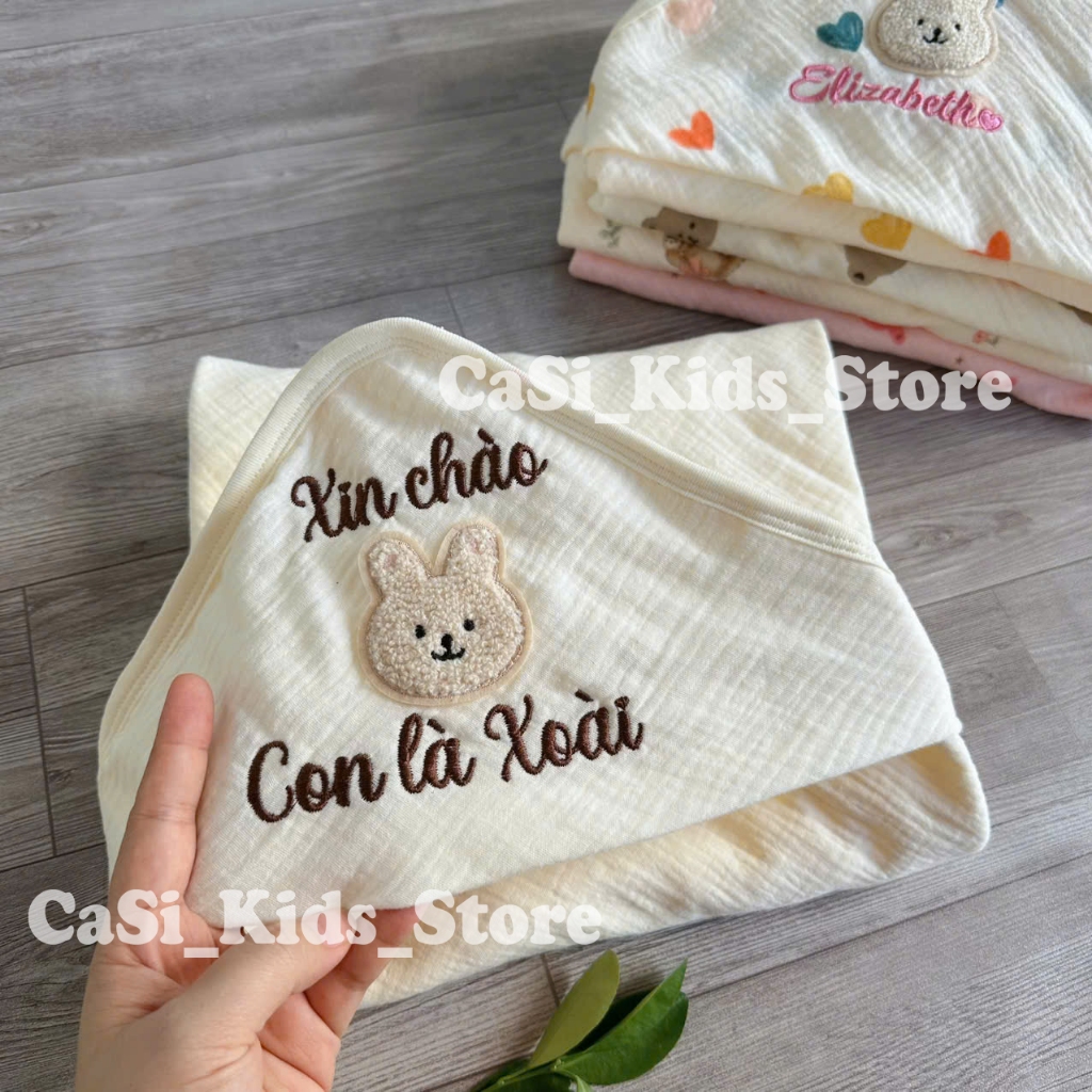 Ủ Thêu Tên Sơ Sinh Xô Muslin 6 Lớp Màu Be Kem, Êm Ái Cho Bé – CaSi