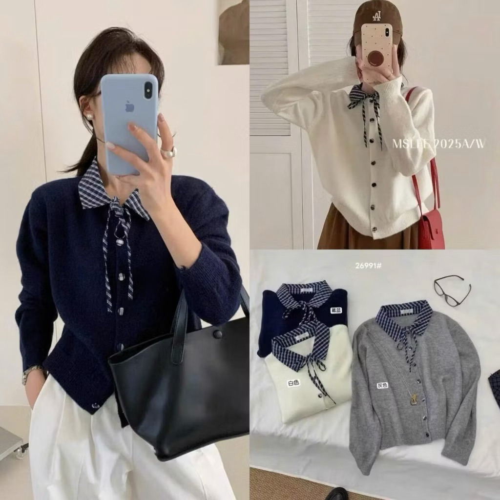 Áo len phối cổ sơ mi ke hàng QC 26991