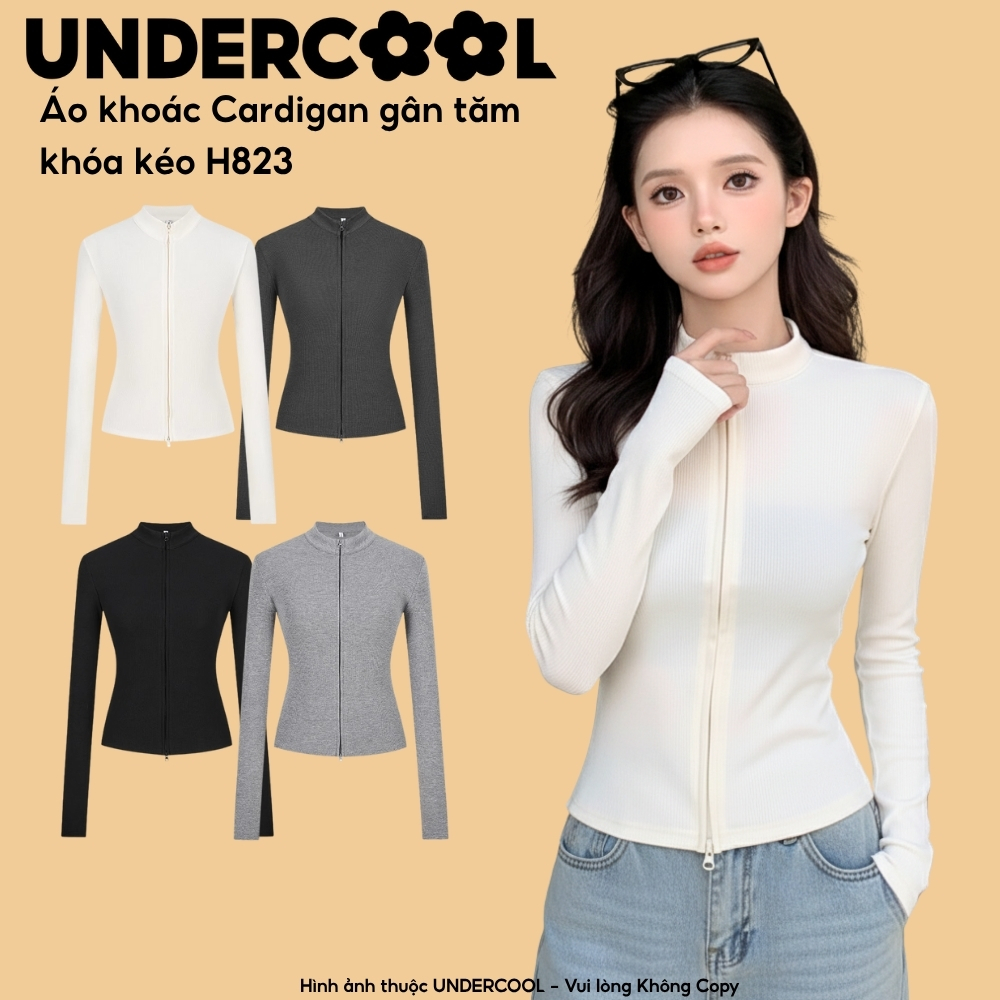 Áo khoác cardigan zip gân tăm ôm body croptop UNDERCOOL, áo khoác nữ cổ đứng khóa kéo 2 chiều ulzzang H823