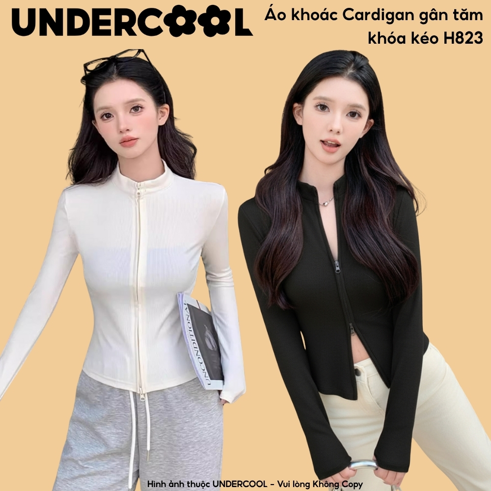 Áo khoác cardigan zip gân tăm ôm body croptop UNDERCOOL, áo khoác nữ cổ đứng khóa kéo 2 chiều ulzzang H823