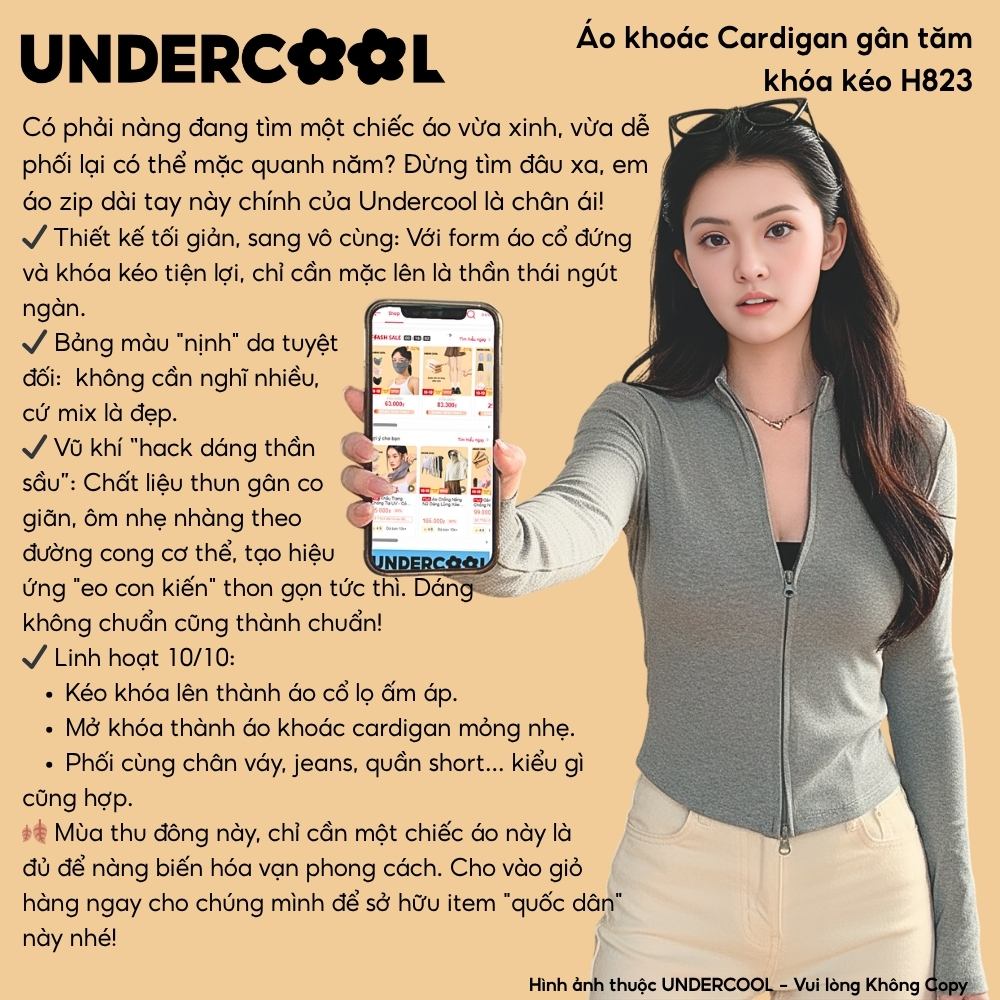 Áo khoác cardigan zip gân tăm ôm body croptop UNDERCOOL, áo khoác nữ cổ đứng khóa kéo 2 chiều ulzzang H823