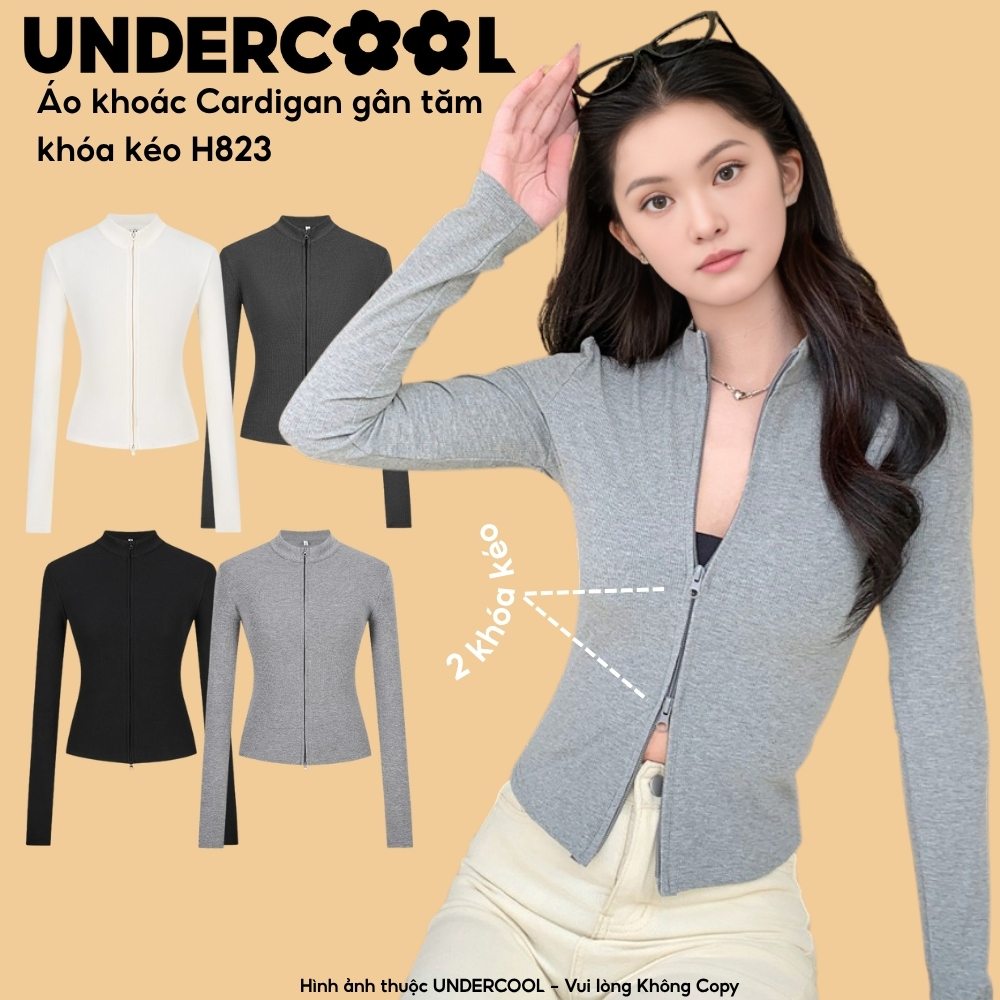 Áo khoác cardigan zip gân tăm ôm body croptop UNDERCOOL, áo khoác nữ cổ đứng khóa kéo 2 chiều ulzzang H823
