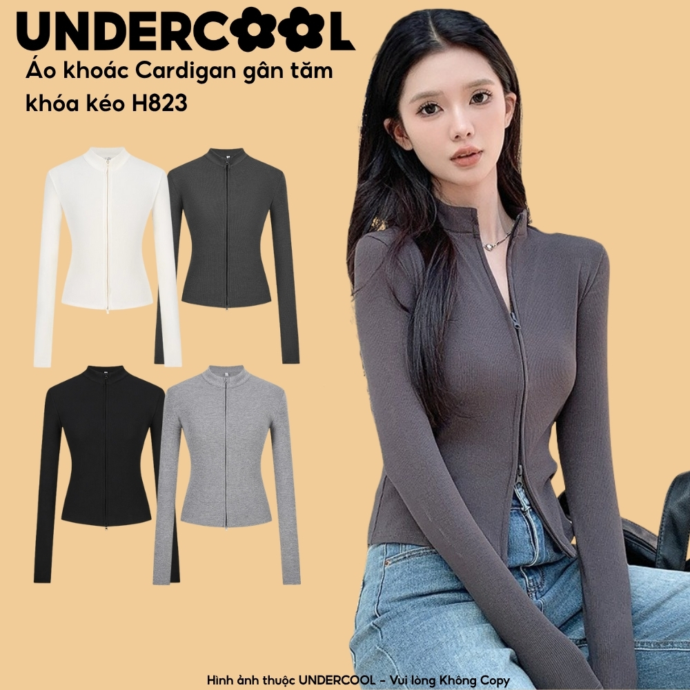 Áo khoác cardigan zip gân tăm ôm body croptop UNDERCOOL, áo khoác nữ cổ đứng khóa kéo 2 chiều ulzzang H823