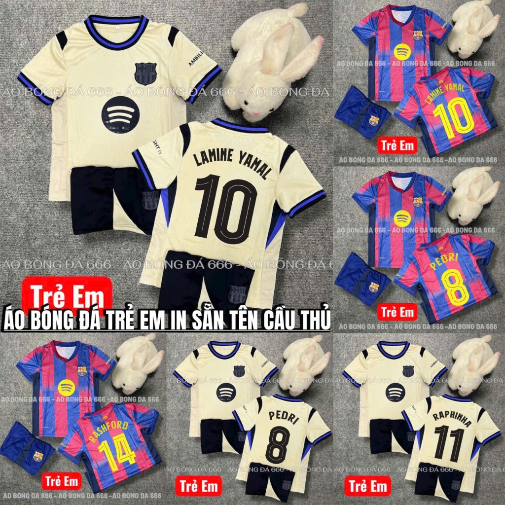 Bộ Quần Áo Bóng Đá Trẻ Em CLB Barca Sân Khách 25/26, Áo Đá Banh Barcelona - Vải Mè Kim Cao Cấp