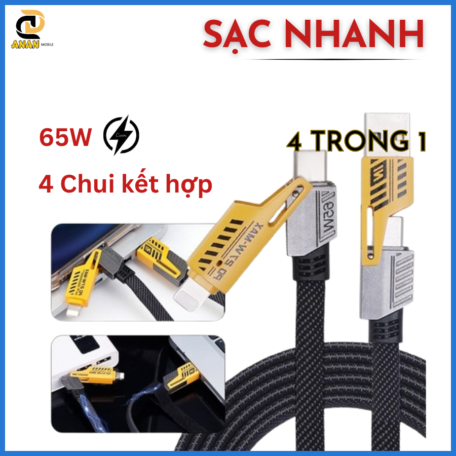 Cáp Sạc 4 TRONG 1 4in1 sạc nhanh 65W/27W tích hợp 4 cổng TypeC, USB - Đa Năng, Bền Bỉ Cho Mọi Thiết Bị, Chống cháy nổ