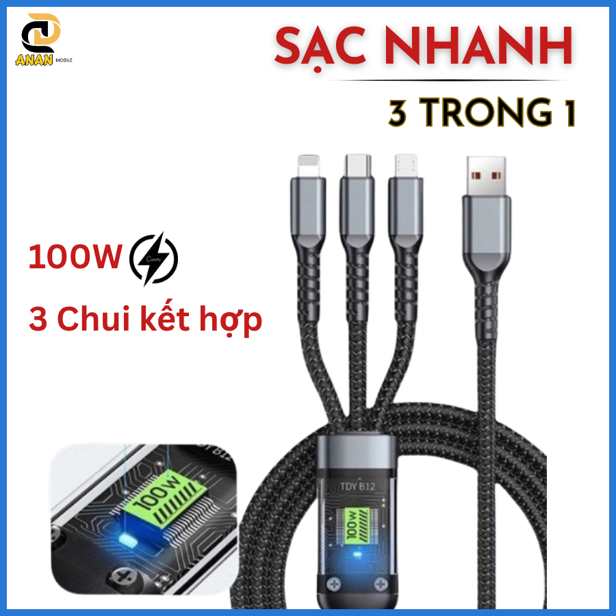 Dây cáp sạc siêu nhanh 3 đầu 3in1 .Dây Sạc Tự Ngắt 100W Tích Hợp 3 Cổng Micro Usb Type C dây dù chống đứt chống cháy