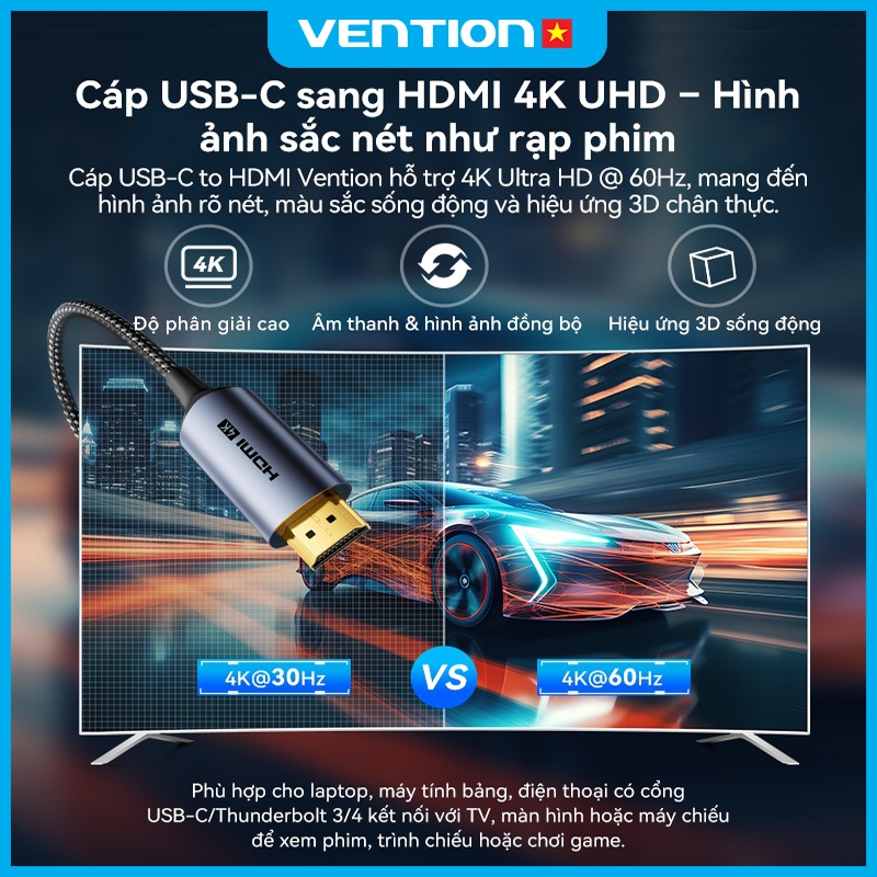 Cáp Chuyển Đổi USB-C Sang HDMI Vention Hỗ Trợ Phân Giải 4K@60Hz, Đầu Nối Mạ Vàng Truyền Tải Tốt