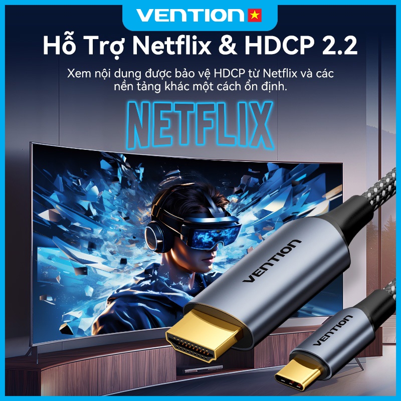 Cáp Chuyển Đổi USB-C Sang HDMI Vention Hỗ Trợ Phân Giải 4K@60Hz, Đầu Nối Mạ Vàng Truyền Tải Tốt