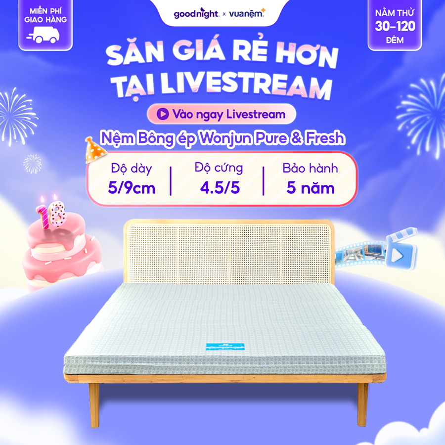 Nệm Bông ép Wonjun Pure & Fresh dày 5cm và 9cm - Nệm vững, nệm gấp gọn, đệm bông ép cao cấp
