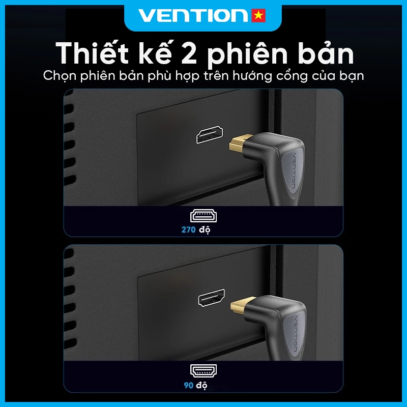 Cáp HDMI 2.0 4K Vention Góc Vuông 90/270 Độ Đầu Mạ Vàng, Vỏ PVC Bền Chắc, Dùng Cho PC, TIVI, PS