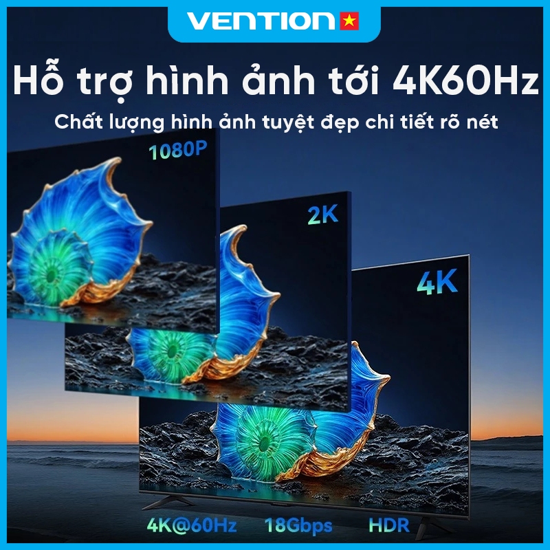 Cáp HDMI 2.0 4K Vention Góc Vuông 90/270 Độ Đầu Mạ Vàng, Vỏ PVC Bền Chắc, Dùng Cho PC, TIVI, PS