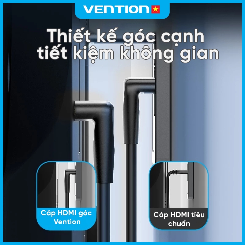 Cáp HDMI 2.0 4K Vention Góc Vuông 90/270 Độ Đầu Mạ Vàng, Vỏ PVC Bền Chắc, Dùng Cho PC, TIVI, PS