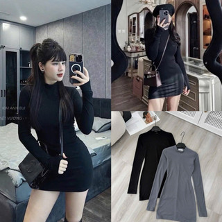 [V1.1081] Váy Body Ngắn Tay Dài Xỏ Ngón 2 Màu Chất Zip Co Dãn 4 Chiều Dày Dặn