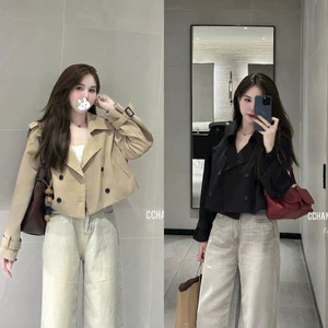 Áo Mangto Dáng Croptop Cổ Bẻ Hàng 2 Lớp Có Đệm Vai Chất Tuyết Gold Dày Dặn 3 Màu