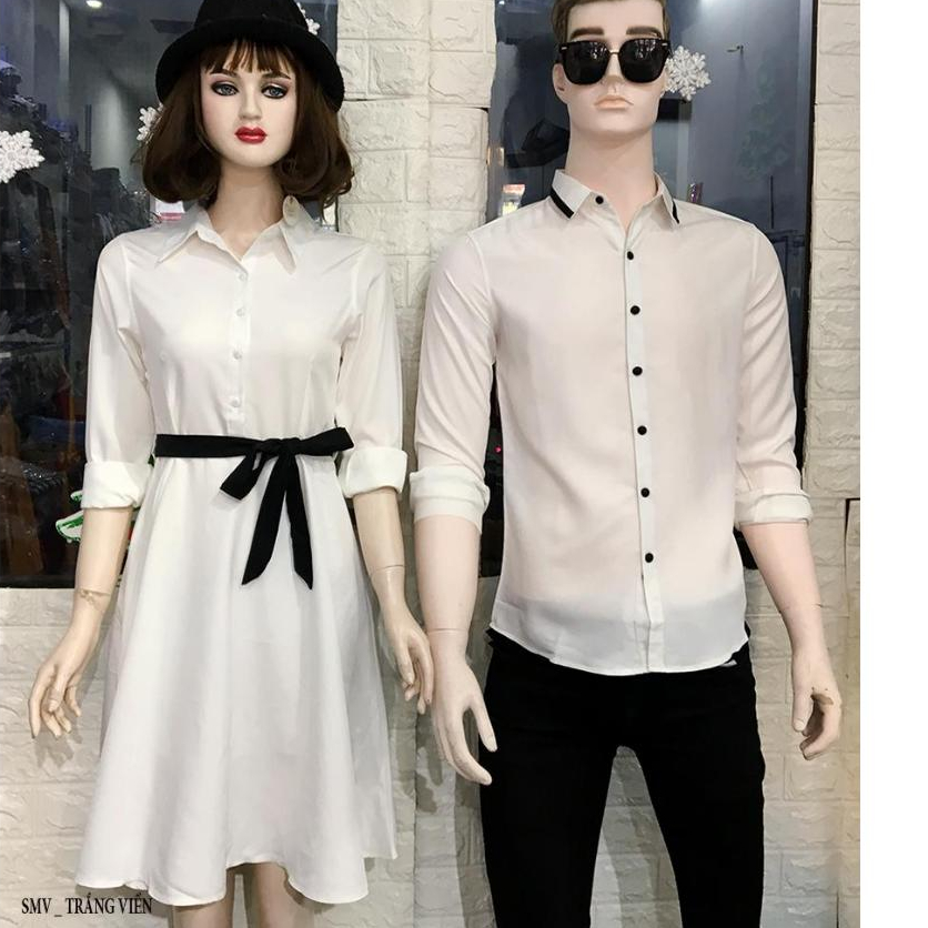 Đồ Đôi Áo Sơ Mi Nam Váy Nữ Fig Tree Màu Trắng Phối Viền Cổ Đen Siêu Sang Cho Couple
