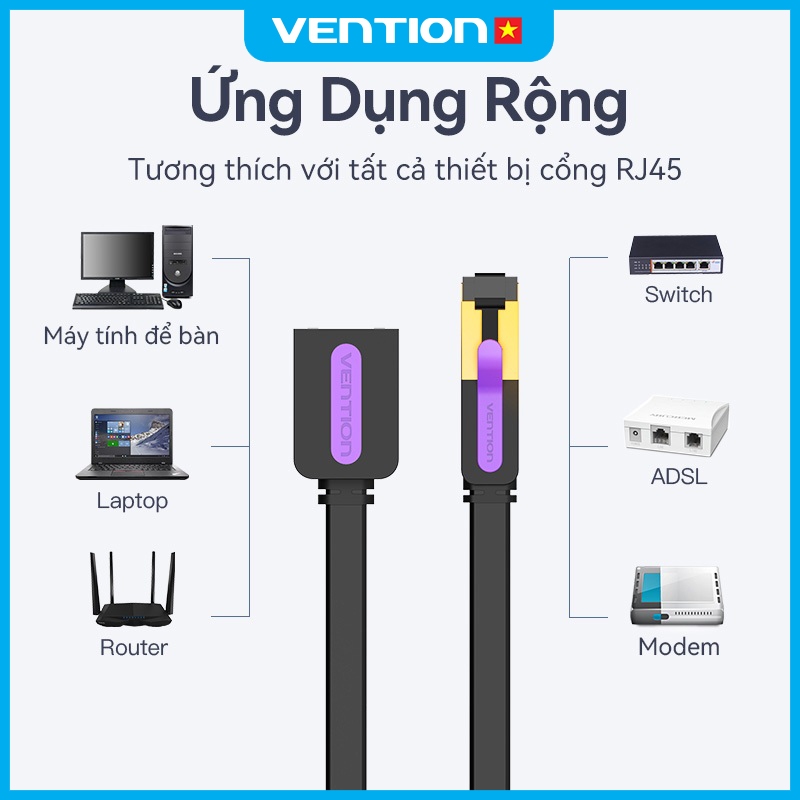 Cáp Nối Mạng Cat7 Vention RJ45 Dây Dẹt, Tốc Độ Truyền 10Gbps, Vỏ Bọc PVC Độ Bền Cao, Cáp LAN Mở Rộng Tốc Độ Cao