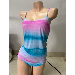 Bộ đồ bơi áo tankini kèm quần tam giác cho nữ màu loang xanh hồng pastel co giãn 4 chiều kín đáo, che bụng tốt hàng VNXK