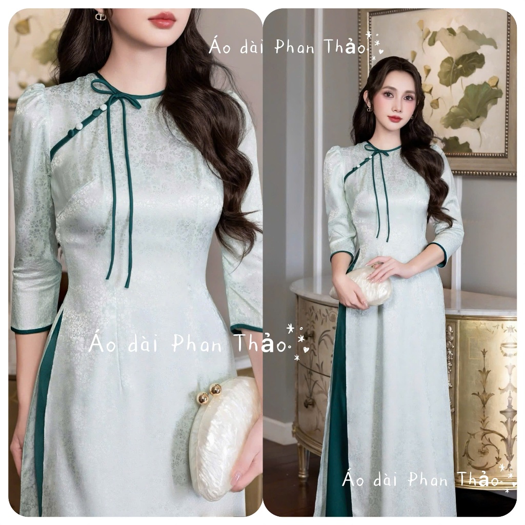 Áo dài gấm hoa xanh mint cổ tròn đính nơ-duyên dáng- áo dài truyền thống 2 tà diện tết 2026-TB01