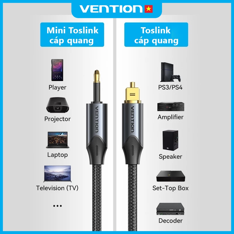 Cáp Âm Thanh Sợi Quang Vention Toslink Sang Mini 3.5mm Dài 1m Hỗ Trợ Dolby DTS PCM 5.1 Bảo Hành 2 Năm