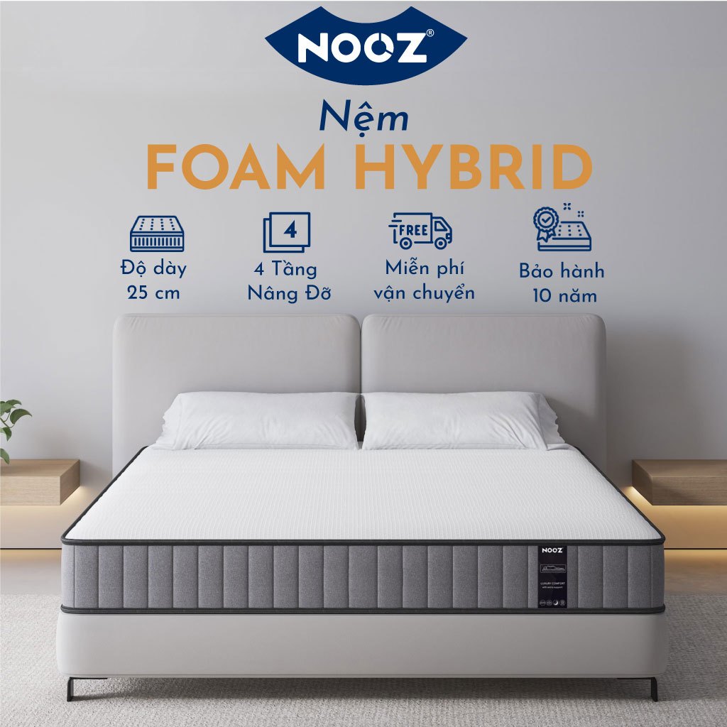 Nệm Foam NOOZ Hybrid 25cm Đệm Cao Su Non Kết Hợp Lò Xo Túi Độc Lập NOOZ Home Goods