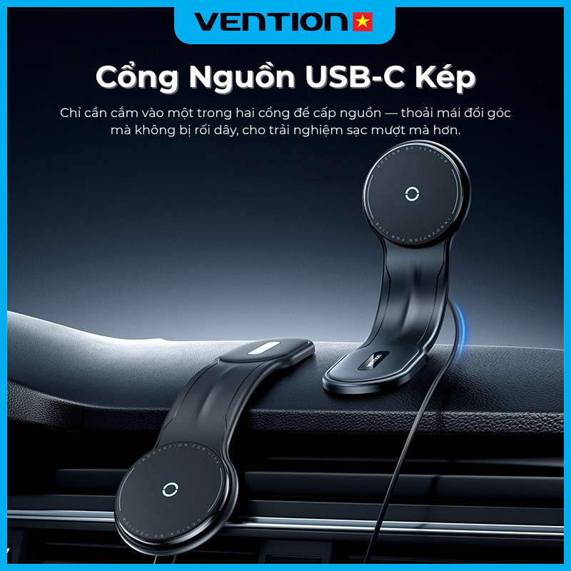 Giá Đỡ Điện Thoại Trên Ô Tô Magsafe Sạc Nhanh Không Dây Vention 30W Gắn Taplo, Hợp Kim Nhôm-Titan 2 Cổng Nguồn USB-C