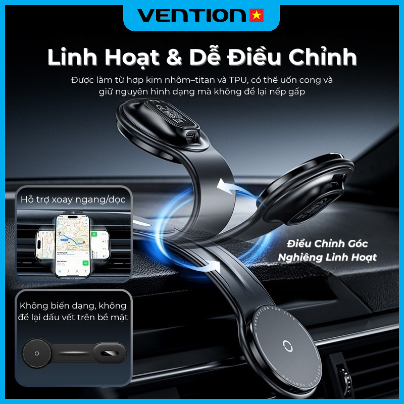 Giá Đỡ Điện Thoại Trên Ô Tô Magsafe Sạc Nhanh Không Dây Vention 30W Gắn Taplo, Hợp Kim Nhôm-Titan 2 Cổng Nguồn USB-C