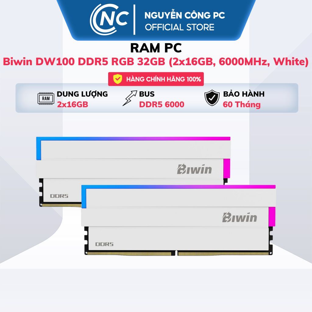 RAM Biwin DW100 DDR5 RGB 32GB (2x16GB, 6000MHz, White) - BH 60
