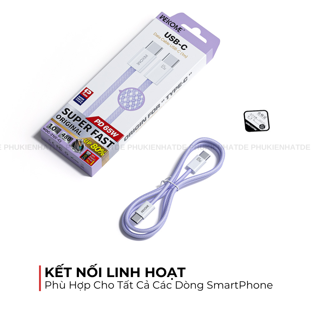 Cáp Sạc Nhanh WK WDC-21 65W – Nylon Bện, 1M, Truyền Dữ Liệu 480Mbps Phù Hợp Mọi Dòng iphone