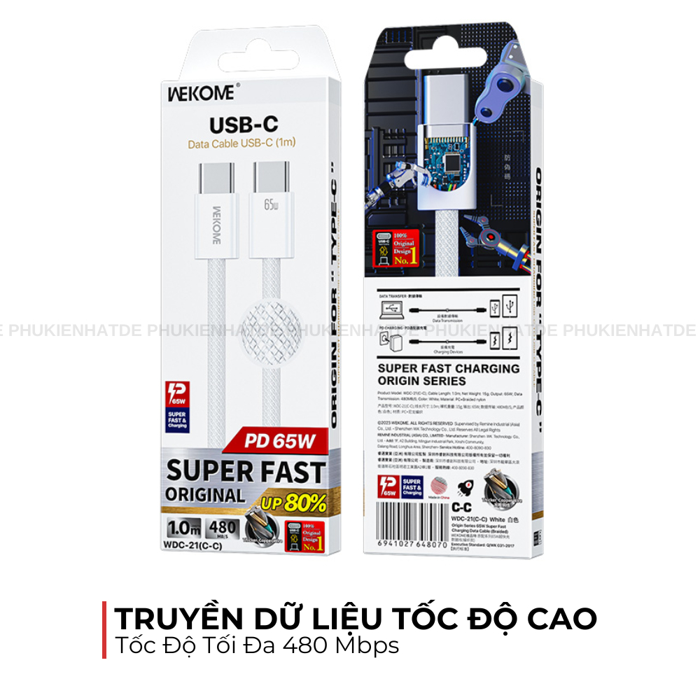 Cáp Sạc Nhanh WK WDC-21 65W – Nylon Bện, 1M, Truyền Dữ Liệu 480Mbps Phù Hợp Mọi Dòng iphone