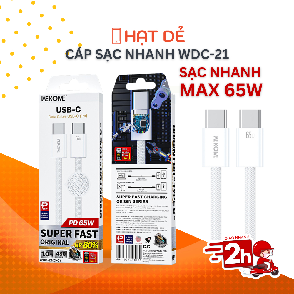 Cáp Sạc Nhanh WK WDC-21 65W – Nylon Bện, 1M, Truyền Dữ Liệu 480Mbps Phù Hợp Mọi Dòng iphone