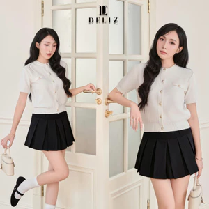 DELIZ- Áo len cho nữ cổ tròn phối cúc đồng dáng ngắn tay cao cấp len lông thỏ dệt gạo PL48