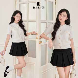 DELIZ- Áo len cho nữ cổ tròn phối cúc đồng dáng ngắn tay cao cấp len lông thỏ dệt gạo PL48