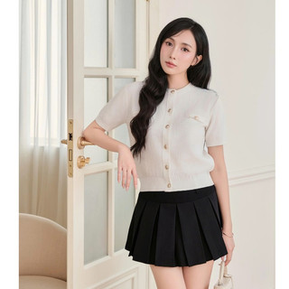 DELIZ- Áo len cho nữ cổ tròn phối cúc đồng dáng ngắn tay cao cấp len lông thỏ dệt gạo PL48