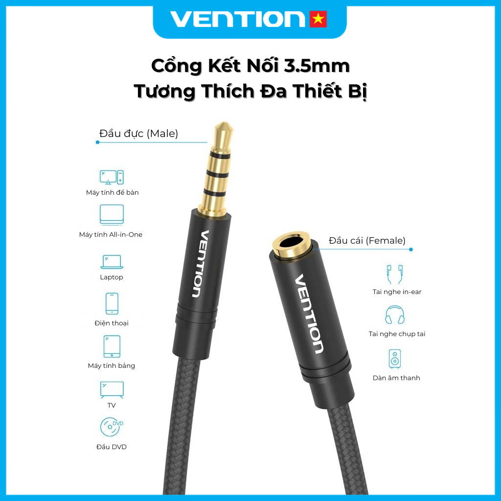 Dây AV Nối Dài 3.5mm Vention Vỏ PVC Chống Đứt Gãy, Lõi Đồng Tráng Men, Đầu Mạ Vàng Độ Bền Cao Âm Thanh Sống Động