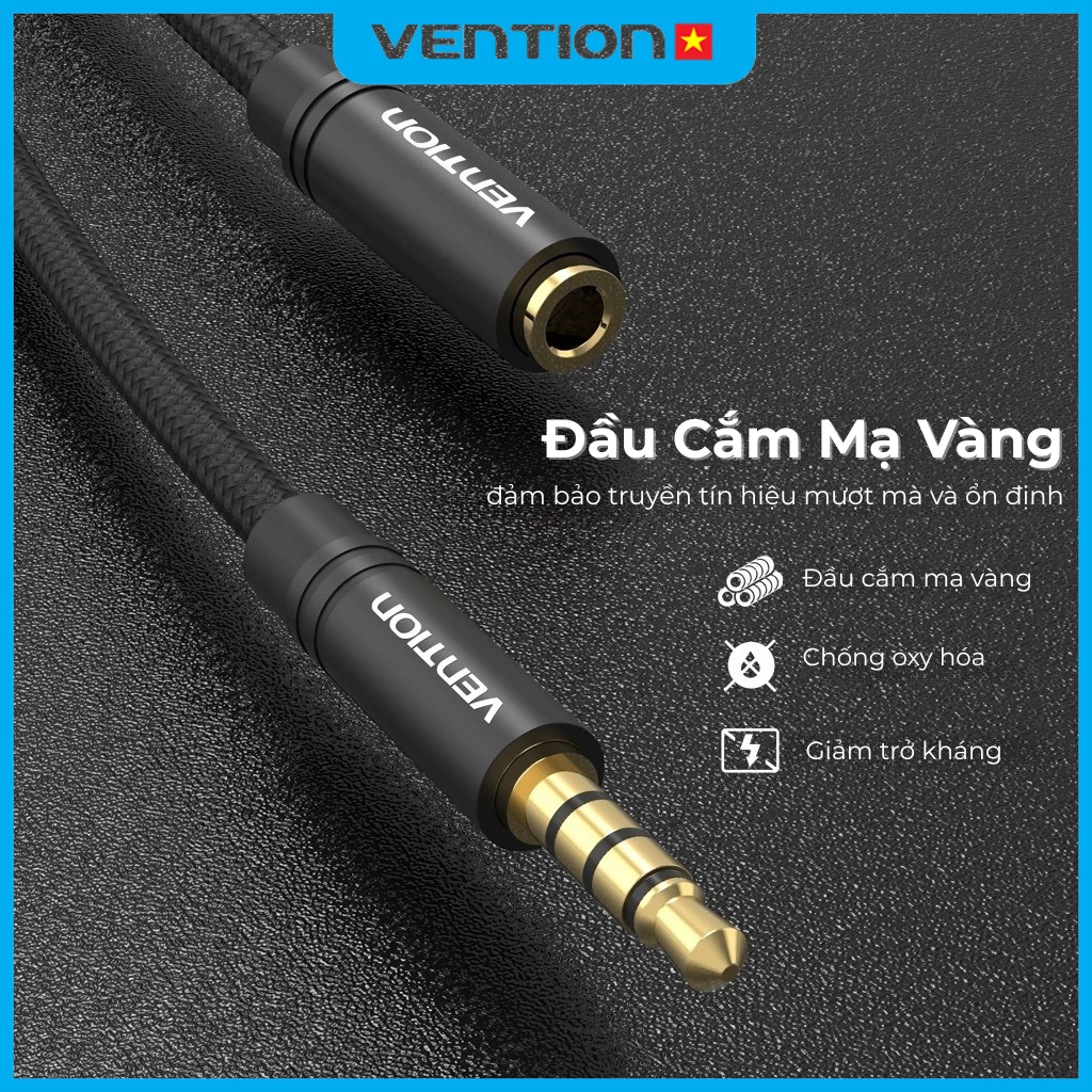 Dây AV Nối Dài 3.5mm Vention Vỏ PVC Chống Đứt Gãy, Lõi Đồng Tráng Men, Đầu Mạ Vàng Độ Bền Cao Âm Thanh Sống Động