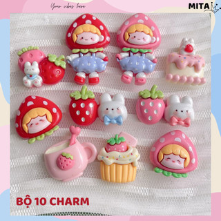Bộ 10 Sticker, Charm 3D chủ đề Bé Dâu nhựa cứng gắn Dép Sục, Cá Sấu Mita JB-402
