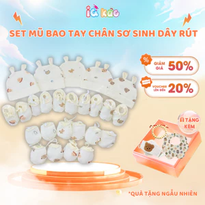 Combo 2 Set Mũ Bao Tay Chân Sơ Sinh Dây Rút Chống Tuột Petit Vải Cotton Lạnh Co Giãn, , Họa Tiết Dễ Thương Cho Bé IQ KAO