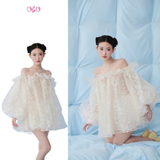 Đầm babydoll OLV tơ mỏng bồng bềnh Ivory Fleur Chiffon Off Shoulder Ruffled Puff Dress nữ tính