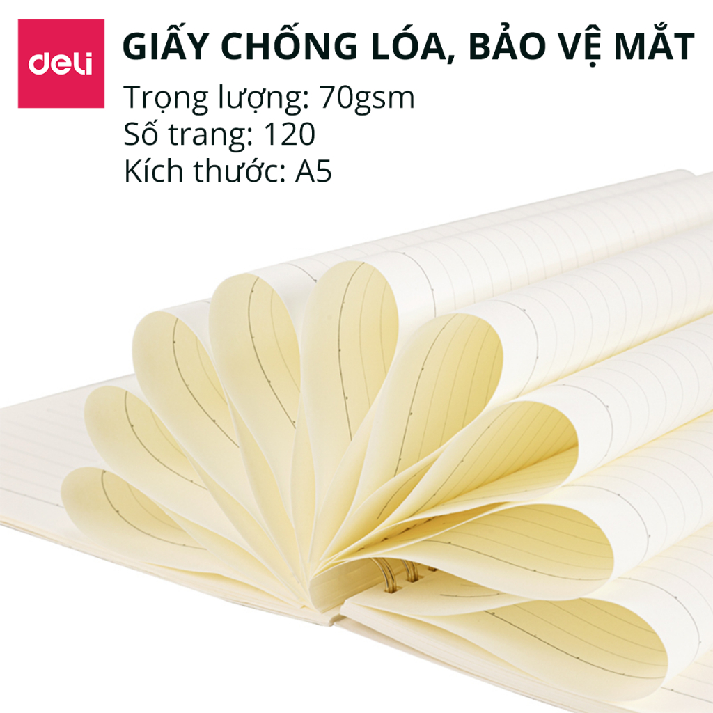 Sổ Lò Xo Kép A5 Deli 120 Trang – Ghi Chép, Giấy Kẻ Ngang Chống Lóa, Gáy Xoắn, Planner/Notebook