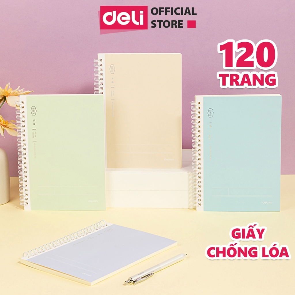 Sổ Lò Xo Kép A5 Deli 120 Trang – Ghi Chép, Giấy Kẻ Ngang Chống Lóa, Gáy Xoắn, Planner/Notebook
