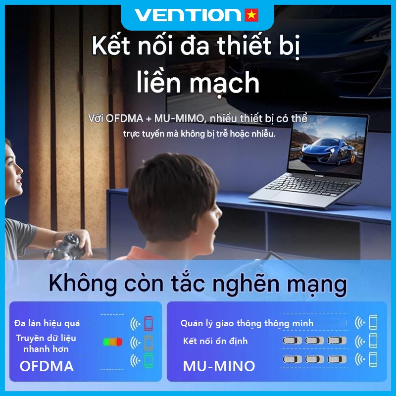 USB WiFi  Vention Tích Hợp Bluetooth 5.0, Băng Tần Kép 2.4GHz & 5GHz, Tốc độ 650Mbps Cắm Là Chạy Laptop, Máy Tính Bàn