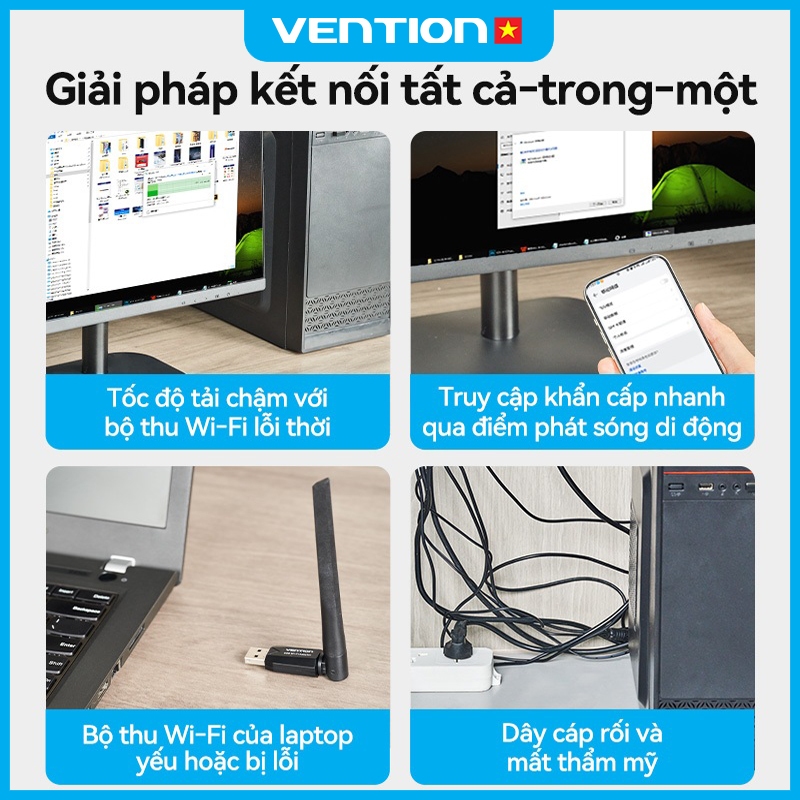 USB WiFi  Vention Tích Hợp Bluetooth 5.0, Băng Tần Kép 2.4GHz & 5GHz, Tốc độ 650Mbps Cắm Là Chạy Laptop, Máy Tính Bàn
