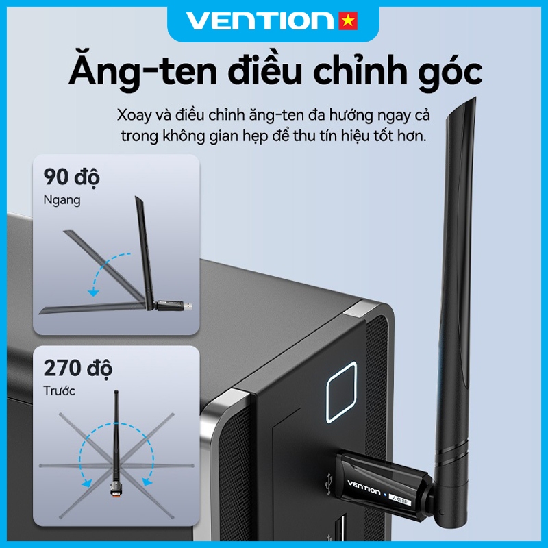 USB WiFi  Vention Tích Hợp Bluetooth 5.0, Băng Tần Kép 2.4GHz & 5GHz, Tốc độ 650Mbps Cắm Là Chạy Laptop, Máy Tính Bàn