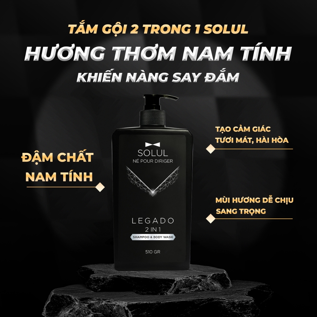 Sữa tắm gội nam hương nước hoa 2in1 SOLUL 510gr, Giảm gàu, tính giữ ẩm tự nhiên, nam tính.