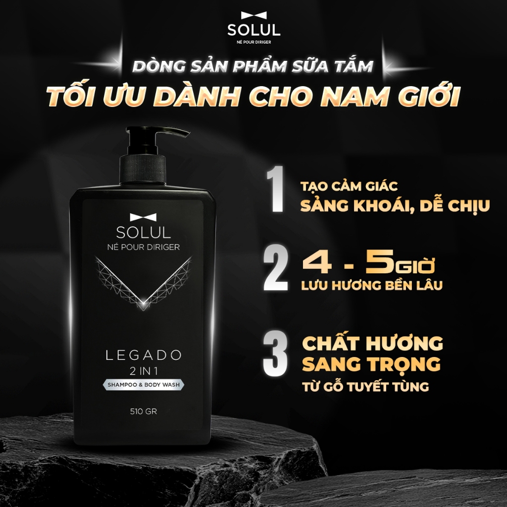 Sữa tắm gội nam hương nước hoa 2in1 SOLUL 510gr, Giảm gàu, tính giữ ẩm tự nhiên, nam tính.