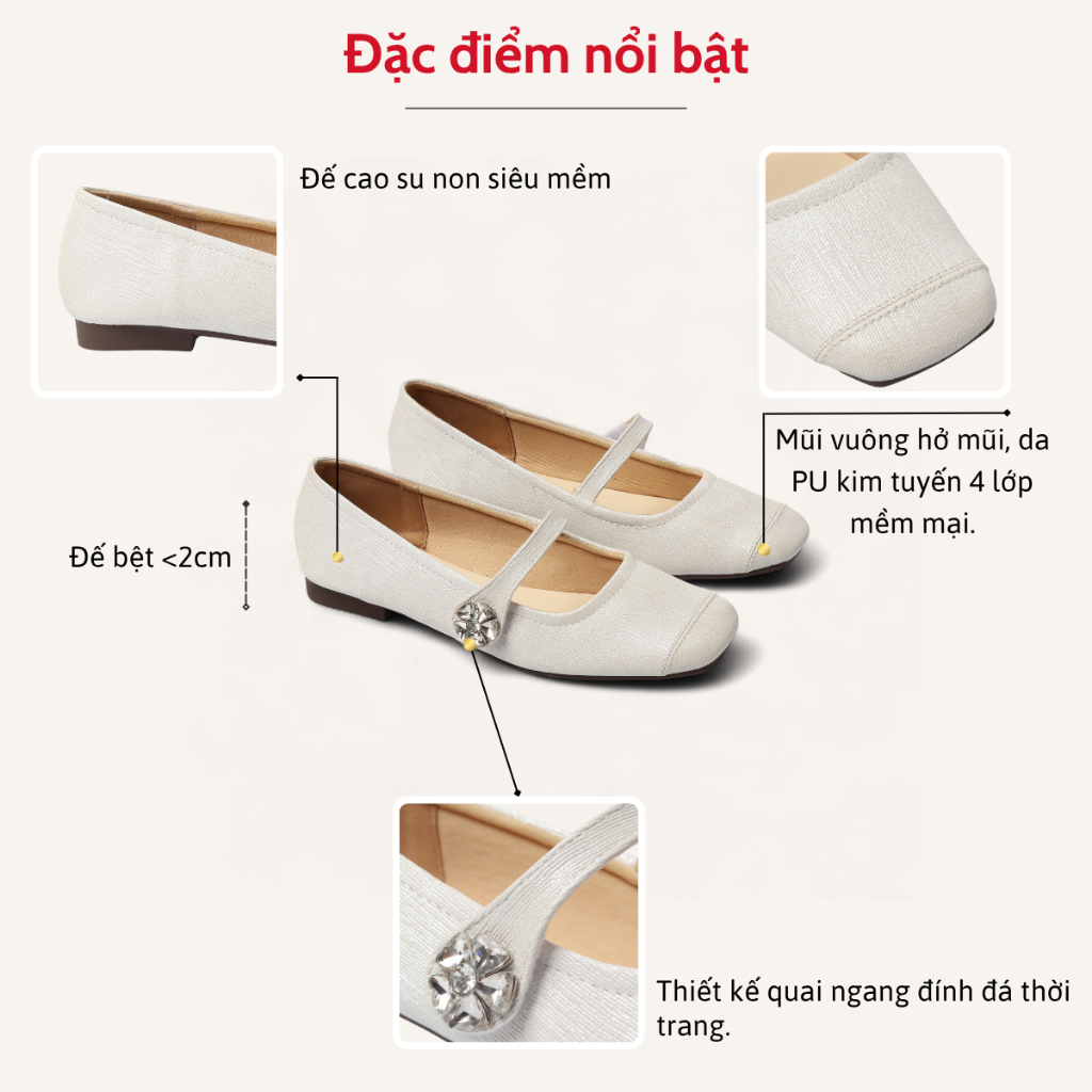 Giày Búp Bê Mũi Tròn Nữ Quai Ngang Đính Hoa Đá Sang Trọng Thời Trang Pixie H415