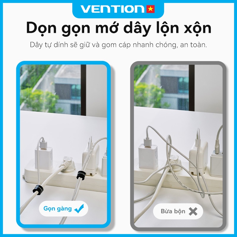 Dây Dán Cố Định Cáp Sạc Tai Nghe Vention 120x12mm, Tự Dính, Chất Liệu Polyester + Nylon Bền Chắc